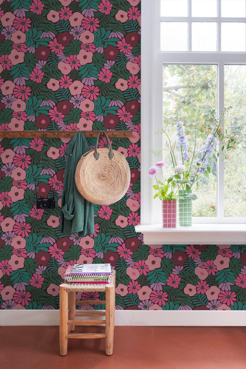 ESTAhome behang bloemen in Matisse stijl groen, roze en paars - 50 x 900 cm - 131137 - vtwonen shop