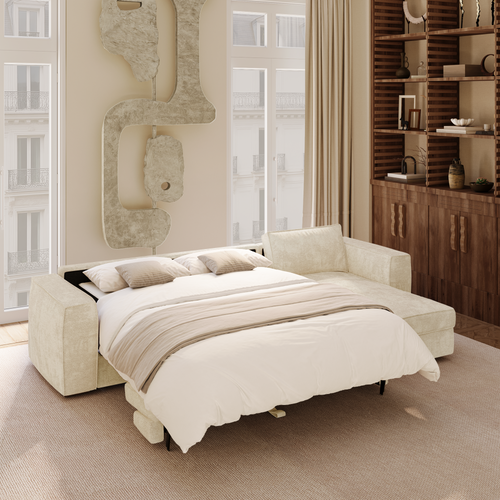 Premium Interiors - Rechthoekige hoekbank MIKA - zacht aanvoelende geweven stof crème 292cm