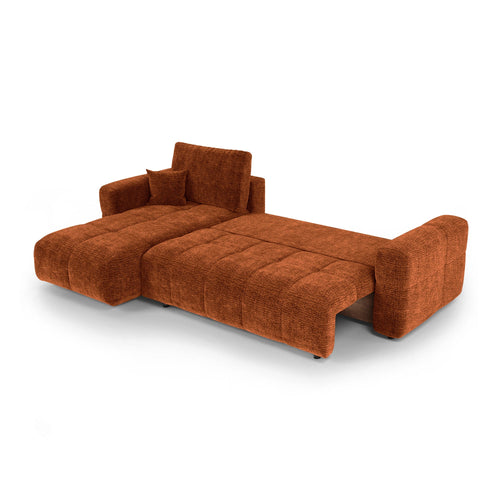Premium Interiors - Linkshoekbank met slaapfunctie en opbergruimte VIBE - zacht aanvoelende geweven stof terracotta 286cm