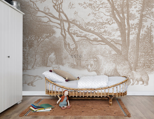 ESTAhome fotobehang bos met bosdieren beige - 350 x 279 cm - 159064