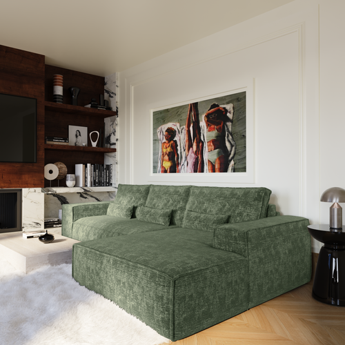 Premium Interiors - Rechthoekige hoekbank met snelle slaapfunctie JUNE - gewaafd fluweel smaragdgroen 320cm