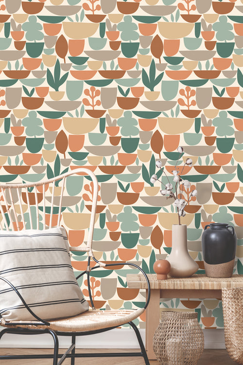 ESTAhome behang aardewerk en planten bruin en groen - 50 x 900 cm - 131077 - vtwonen shop