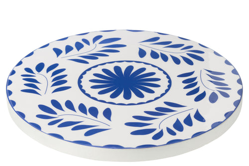 J-Line plateau Rond Bloemen - hout - blauw/wit - vtwonen shop
