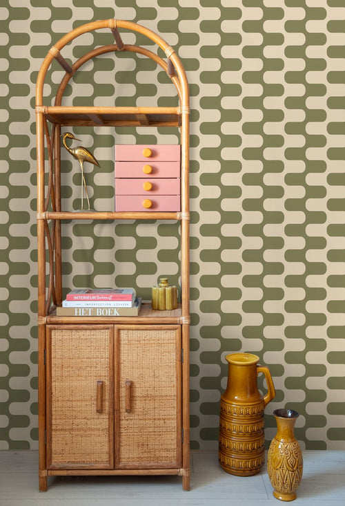 ESTAhome behang golvende lijnen groen en beige - 50 x 900 cm - 132142