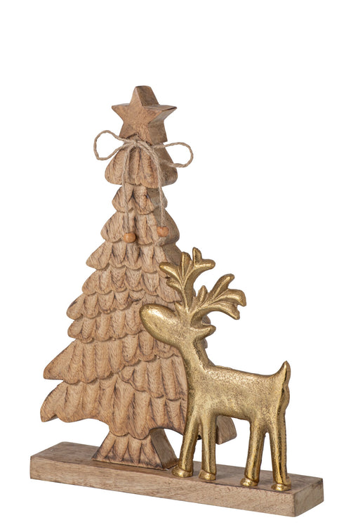 J-Line Kerstboom en rendier - mangohout - naturel/goud
