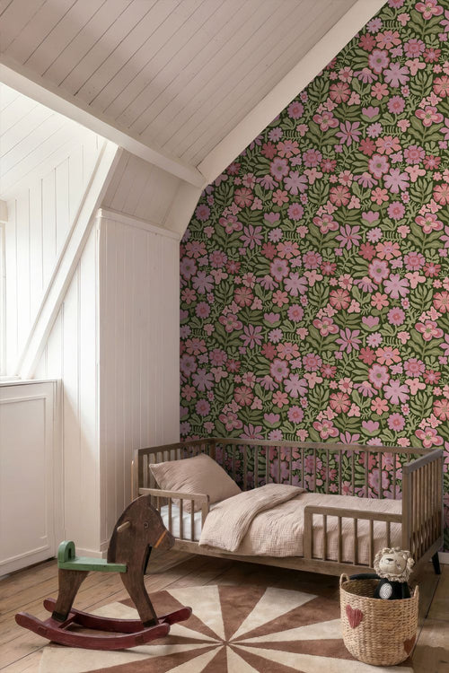 ESTAhome behang bloemetjes groen, roze en paars - 50 x 900 cm - 132293