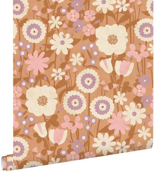 ESTAhome behang retro bloemen terracotta bruin, roze en paars - 50 x 900 cm - 132161