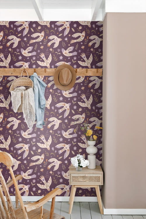 ESTAhome behang bloemen en vogels paars - 50 x 900 cm - 131757