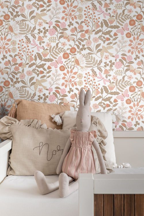 ESTAhome behang bloemen en vogels terracotta, taupe en roze - 53 cm x 10.05 m - 131391