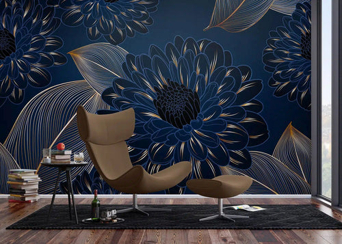 Sanders & Sanders fotobehang bloemen blauw en goud - 375 x 270 cm - 601457