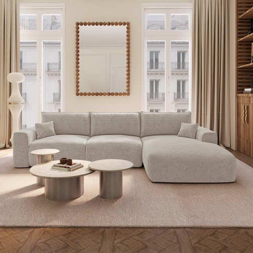 Premium Interiors - Rechthoekige hoekbank met slaapfunctie en opbergruimte COMO - bouclé-stof lichtgrijs 297cm