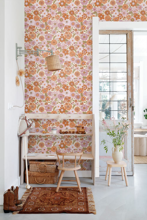 ESTAhome behang retro bloemen paars en oranje - 53 cm x 10.05 m - 130961