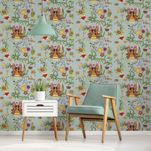 Walls4You behang tropische bladeren en bloemen lichtblauw en meerkleurig - 53 cm x 10 m - 640124