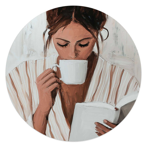 Reinders Ochtendkoffie met een Boek II glasschilderij -  beige - slaapkamer - Ø 50cm