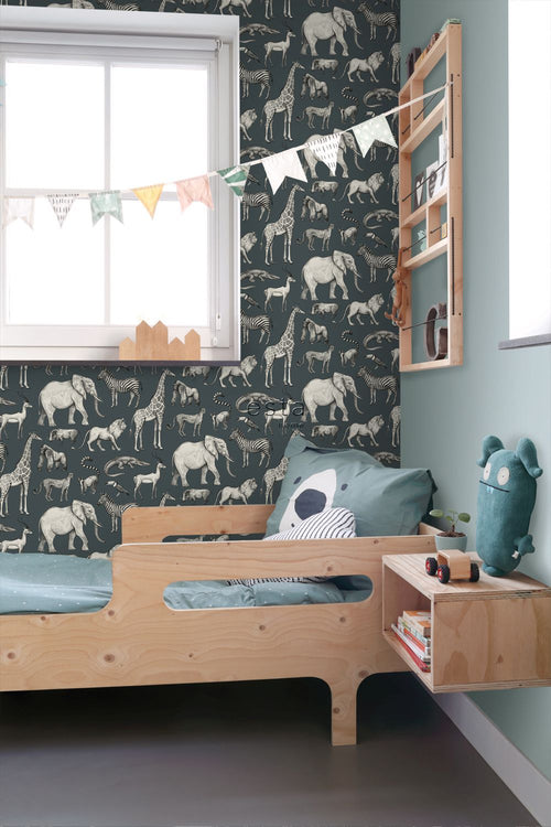 ESTAhome behang jungle dieren vergrijsd blauw en grijs - 53 cm x 10.05 m - 139272