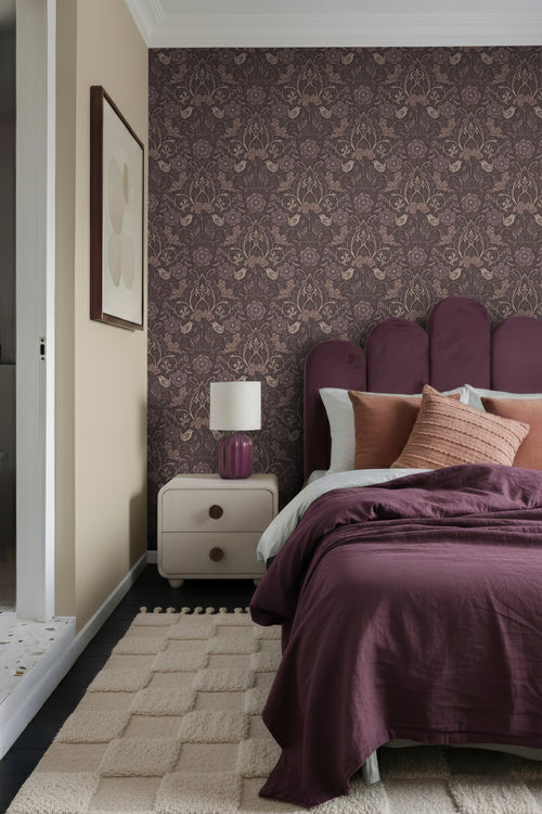 ESTAhome behang bloemen en vogels mauve paars - 53 cm x 10.05 m - 131208