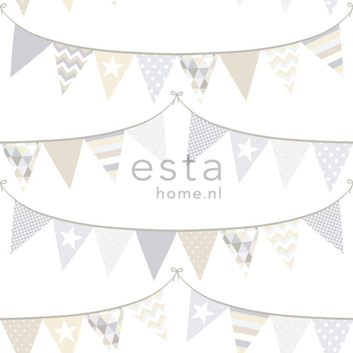 ESTAhome behang vlaggetjes lichtgrijs, beige en glanzend wit - 53 cm x 10.05 m - 128709