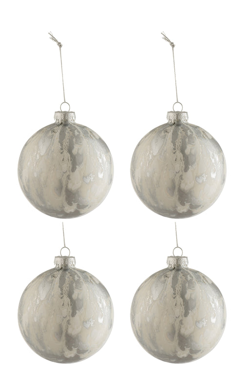 J-Line kerstbal Marmerlook - glas - wit/zilver - medium - doos van 4