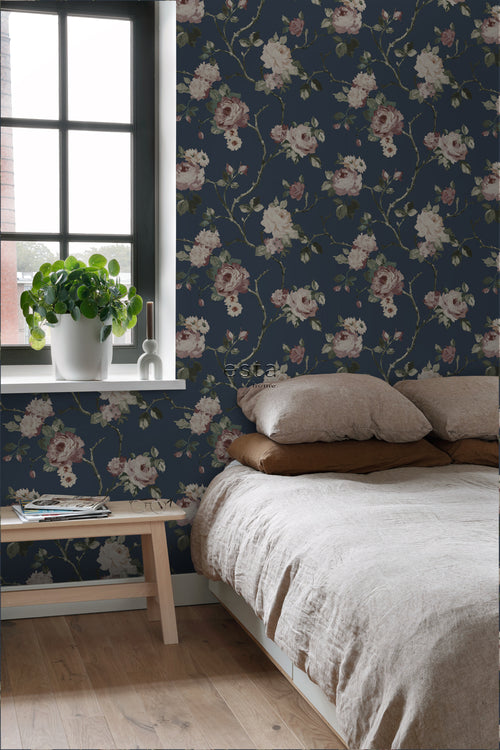 ESTAhome behang vintage bloemen donkerblauw en oudroze - 53 cm x 10.05 m - 139409