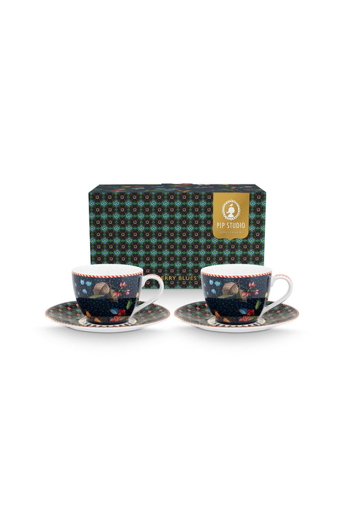 Pip Studio - Berry Blues - Set van 2 Espressokoppen en Schotels - 120ml