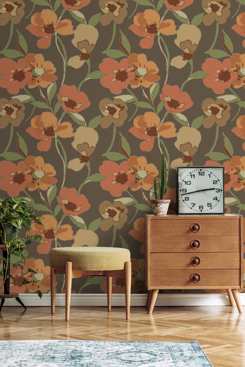 ESTAhome behang bloemen oranje en vergrijsd groen - 50 x 900 cm - 130990 - vtwonen shop