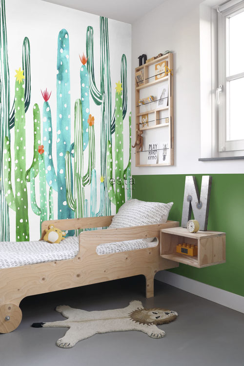 ESTAhome fotobehang aquarel geschilderde bloeiende cactussen tropisch junglegroen en turquoise - 150 x 279 cm - 158829 - vtwonen shop