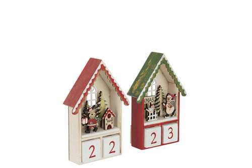 J-Line decoratie Huis Adventskalender - multiplex - rood/donkergroen - 2 stuks - LED