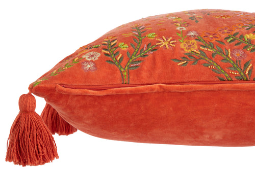 J-Line kussen Vierkant Bloemen + Kwastjes - fluweel - oranje