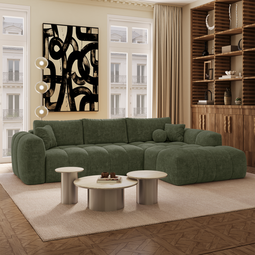 Premium Interiors - Rechthoekige hoekbank met slaapfunctie en opbergruimte SKY - kruisbinding  vintage groen 310cm