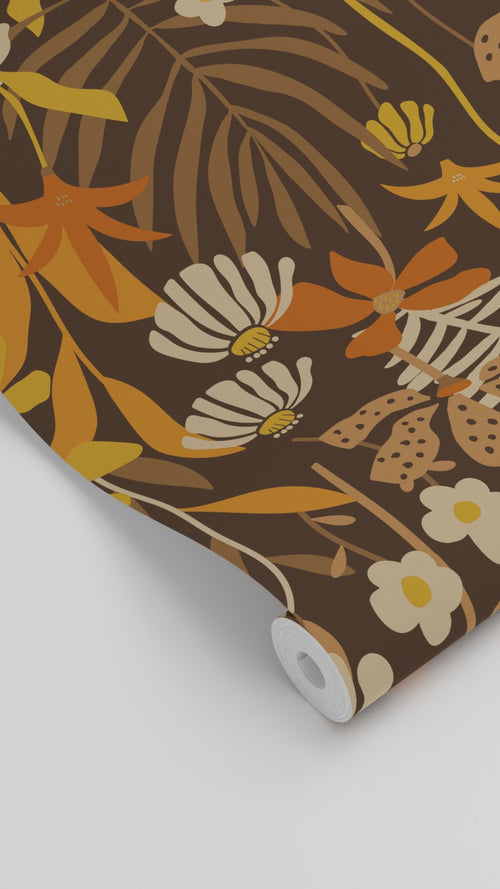 ESTAhome behang tropische bladeren en bloemen bruin en meerkleurig - 50 x 900 cm - 130997 - vtwonen shop