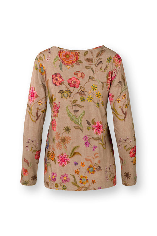 Pip Studio - Trice Pyjama t-shirt - Lange mouw Dames - Coco Flower - Zand - XXL - vtwonen shop