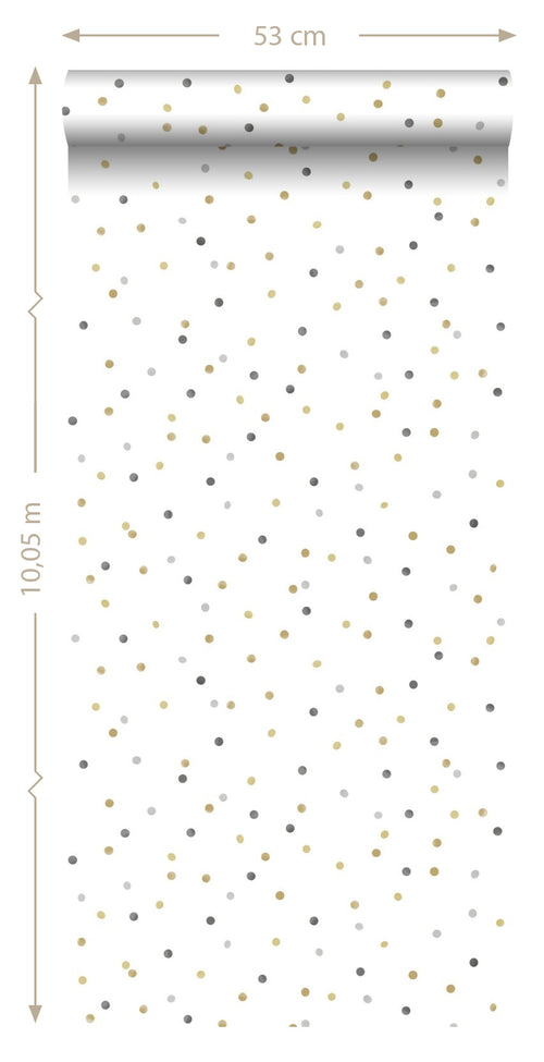 ESTAhome behang stippen goud, lichtgrijs en donkergrijs - 53 cm x 10.05 m - 139050