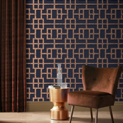 Graham & Brown Vliesbehang - Rendo Blauw & Koper