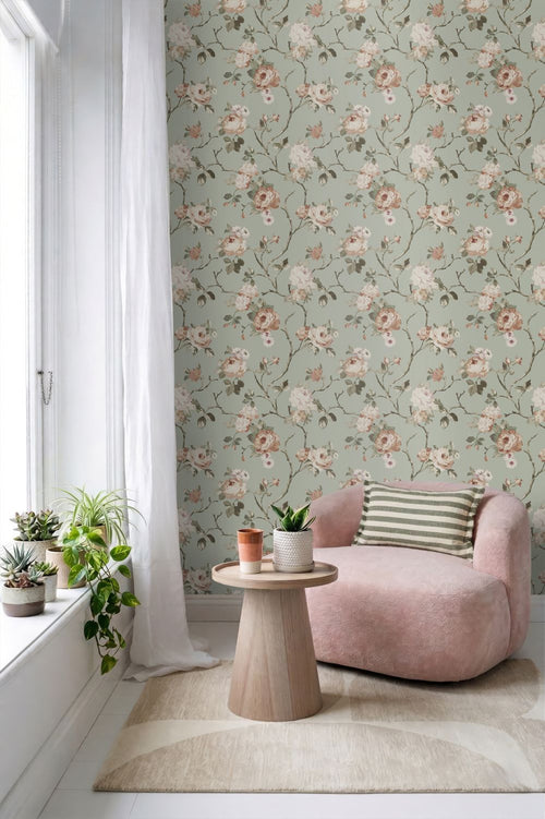 ESTAhome behang vintage bloemen vergrijsd mintgroen en zacht roze - 53 cm x 10.05 m - 139291