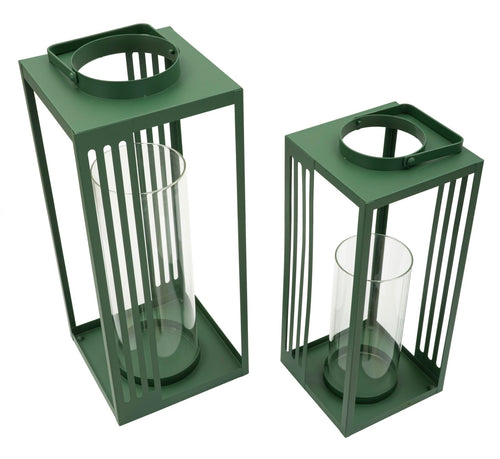 Set van 2 groene metalen lantaarns 18x18x43,5 - 15x15x36,5 cm