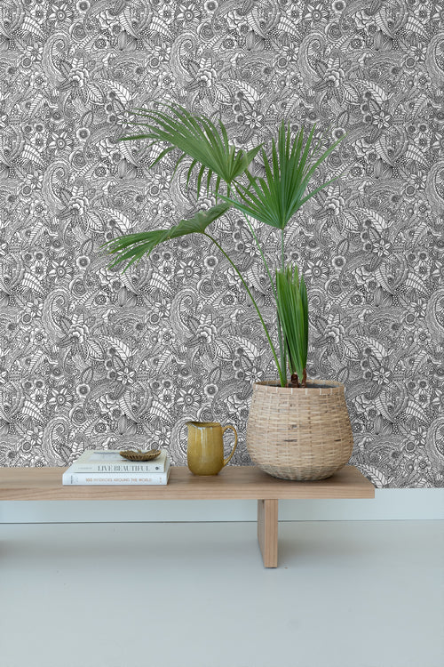 ESTAhome behang bloemtekeningen zwart en wit - 53 cm x 10,05 m - 148616