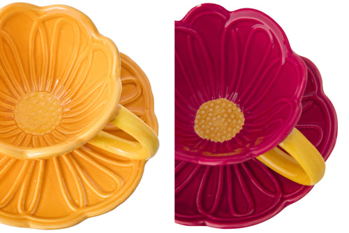 J-Line kopje en schotel Bloem - porselein - donkerrood/warmgeel - set van 2