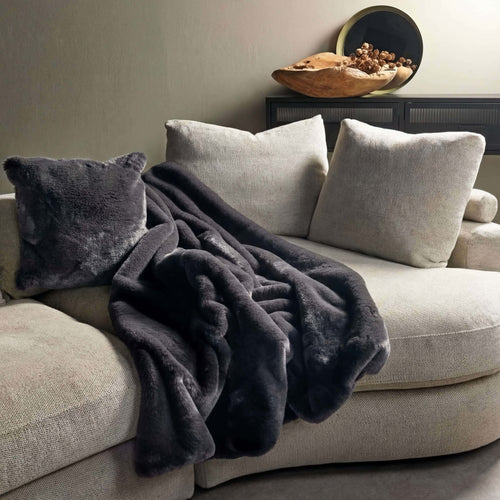ZINZI - plaid 140x180 cm - bontlook - effen kleur - Charcoal Gray - antraciet