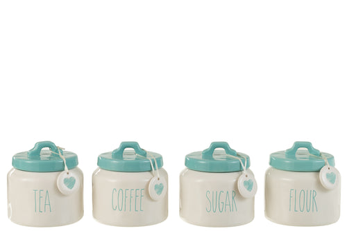 J-Line voorraadpot Flour/Sugar/Coffee/Tea - keramiek - wit/blauw - 4 st.