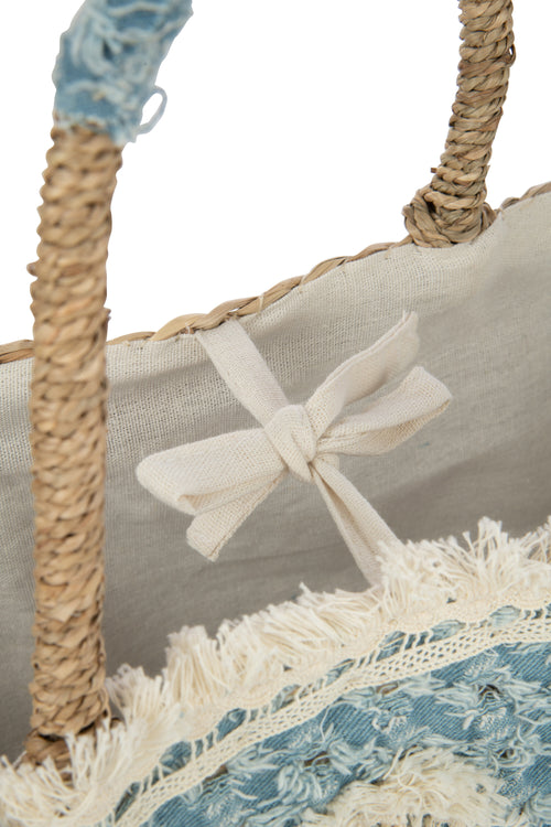 J-Line strandtas Bloemen + Franjes Denim - zeegras - naturel/blauw