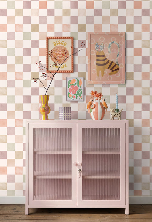 ESTAhome behang geblokt motief beige en paars - 50 x 900 cm - 131720