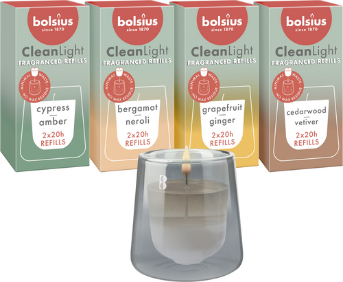 Bolsius houder en navulbare geurkaarsen CleanLight - grijs