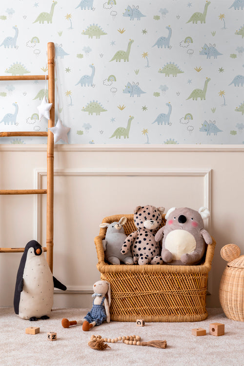 Sanders & Sanders behang dinosaurussen lichtblauw, groen en wit - 53 cm x 10.05 m - 640621