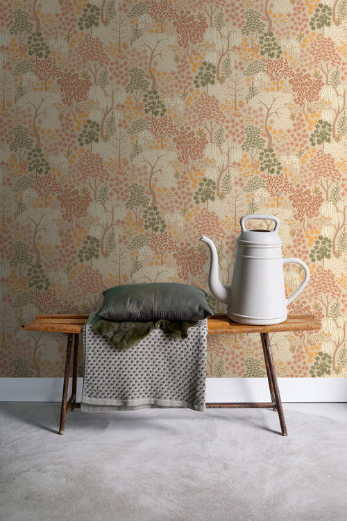 ESTAhome behang bomen en bloemen beige, terracotta en groen - 50 x 900 cm - 131186 - vtwonen shop