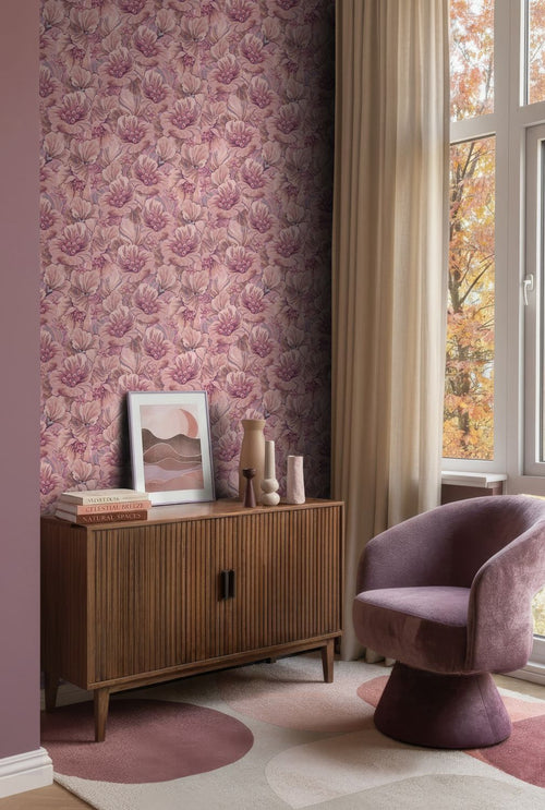 ESTAhome behang geborduurd bloemmotief paars en roze - 50 x 900 cm - 131293