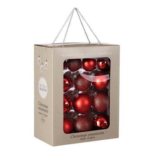 Mica Decorations Kerstballen - Set van 26 Stuks - Rode Kerstversiering met Glans en Glitter - Piek voor de Kerstboom - Glazen Kerstboomballen met