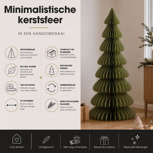 Mica Decorations Papieren Kerstboom - Opvouwbare Kunstkerstboom - H160  x Ø75cm - Kerst Decoratie - FSC Mix - Groen/Goud