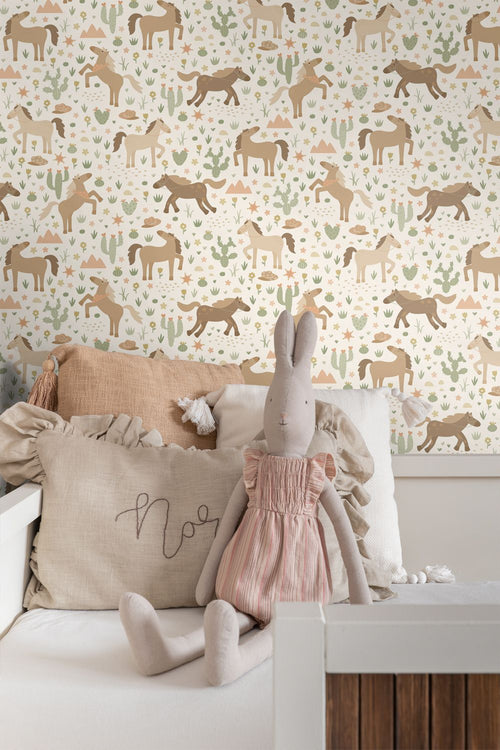 ESTAhome behang paarden beige, bruin en groen - 50 x 900 cm - 132192