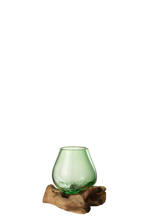 J-Line vaas op voet Gamal - hout/glas - naturel/groen - small - 17 cm hoog