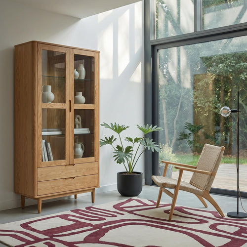 Furnhouse vitrinekast Nyborg - Natuurlijk eikenhout - MDF, Eikenfineer, Glas - 45x100x190